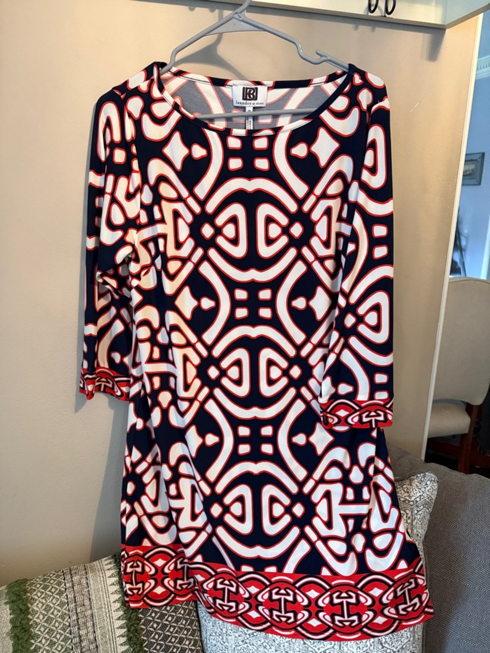 Laundry by Design Navy, White & Red Geometric 3/4 Sleeve Dress